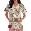 Women's Fashion Printed Short Sleeve V Neck Pattern Tops Pocket Working T-shirts