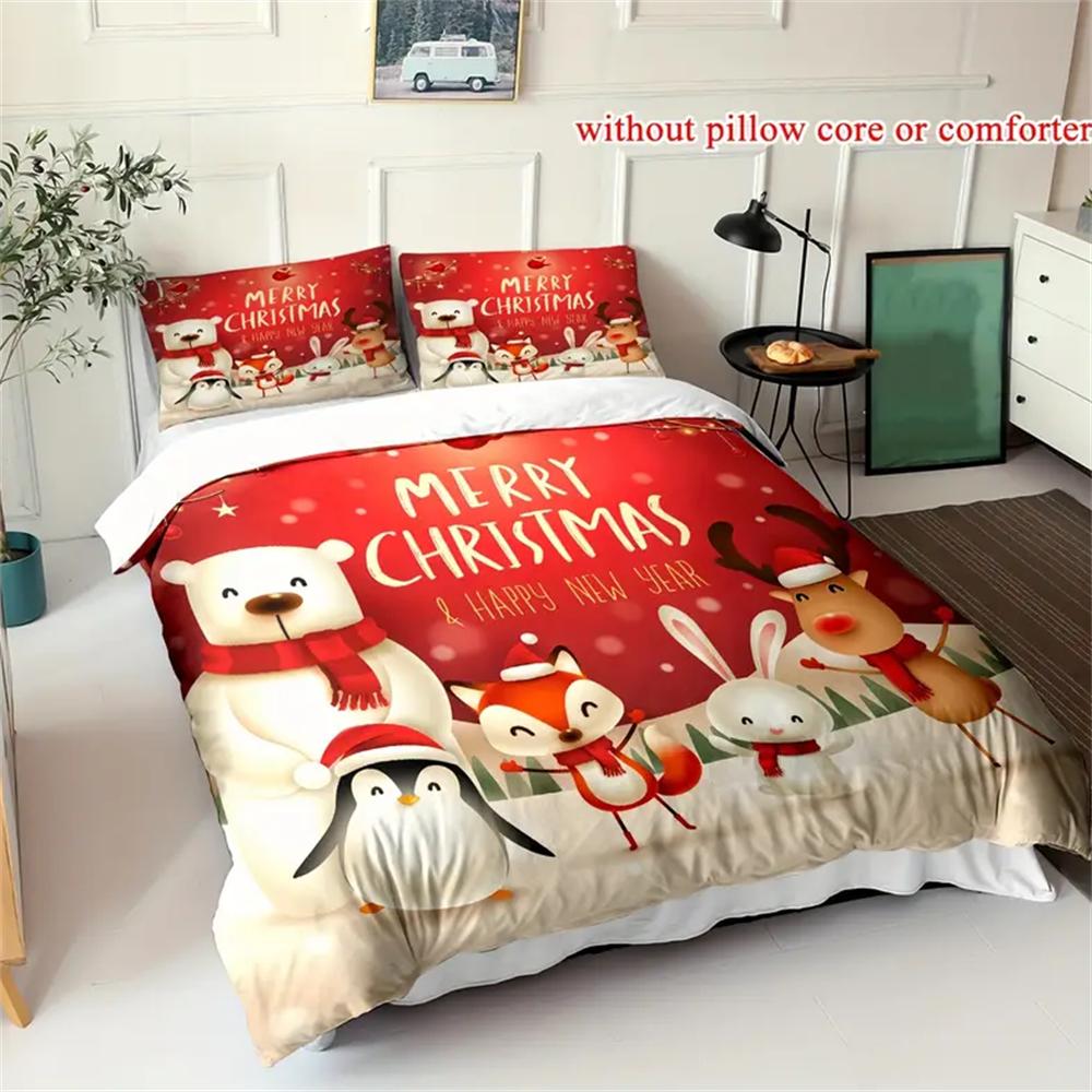Christmas Cartoon Reindeer, Penguin, Fox, White Rabbit, Snow Field Print Soft Comfortable Bedding Set For Bedroom Dorm Room