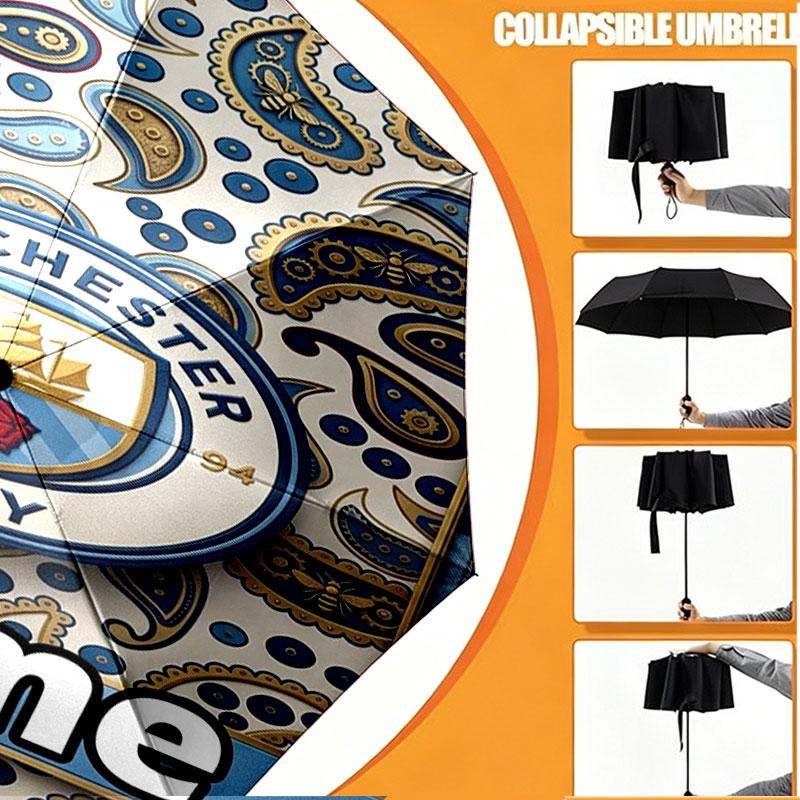 Custom Name Personalized Manchester City Print Umbrella, Auto Open Close, 8‑Rib Sturdy Frame, Commute Camping Hiking Use, Birthday Gift