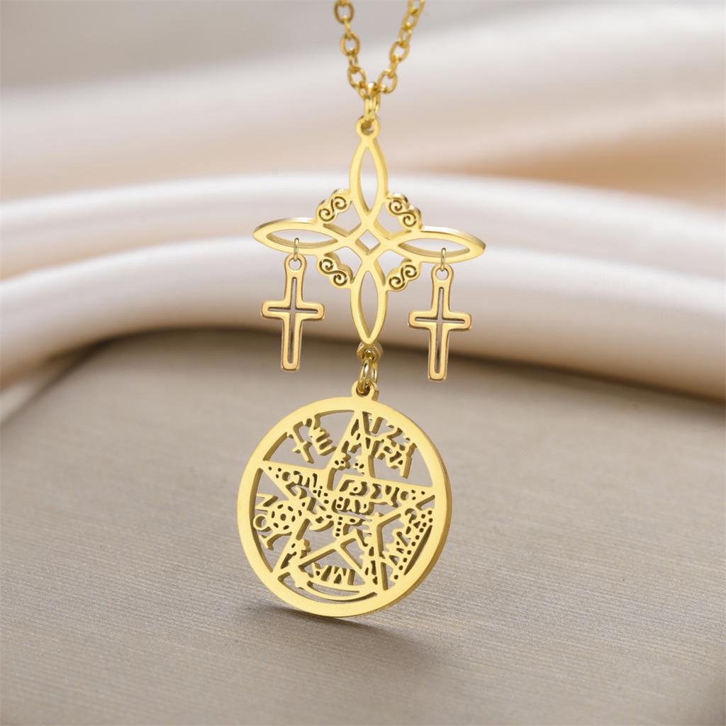 Triple Protection Necklace Cross Witch Knot Pentacle Tetragrammaton Stainless Steel Double Side Amulet Jewelry