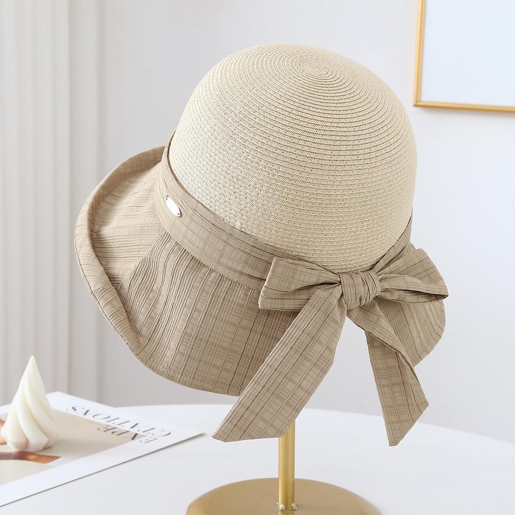 Women's Summer Wide Brim Bucket Hat Bow-Knot Patchwork Fisherman Style Beach Accessory