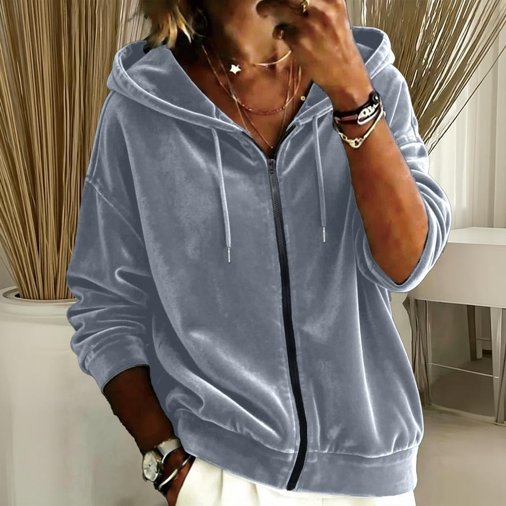 Women's Casual Color Drawstring Zip-Up Hoodie Loose Fit Long Sleeve Sweatshirt