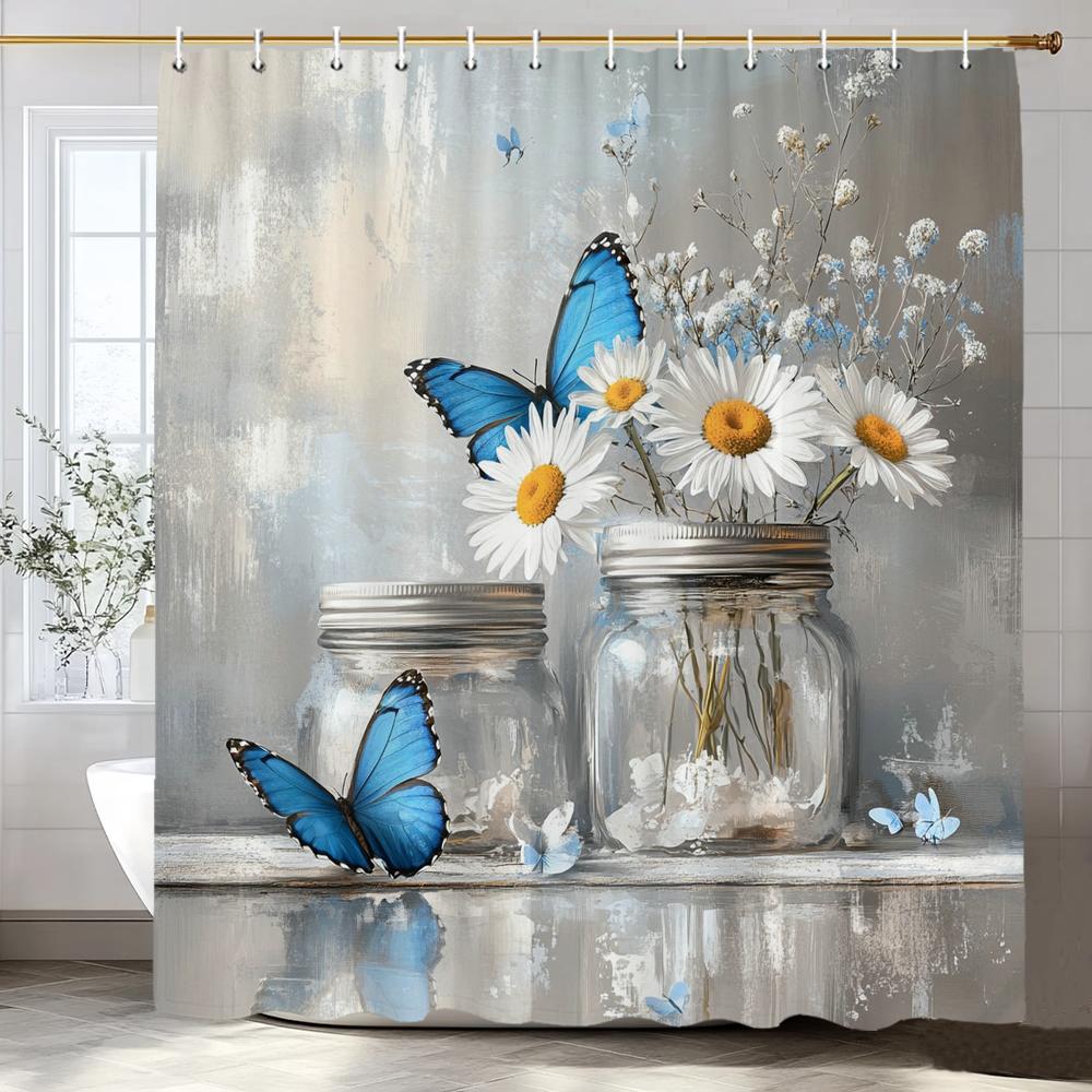 

Blue And White Floral And Butterfly Shower Curtain, Bathroom Decorative Shower Curtain, Printed Shower Curtain With Hooks W60H190(CM)-1 Pcs