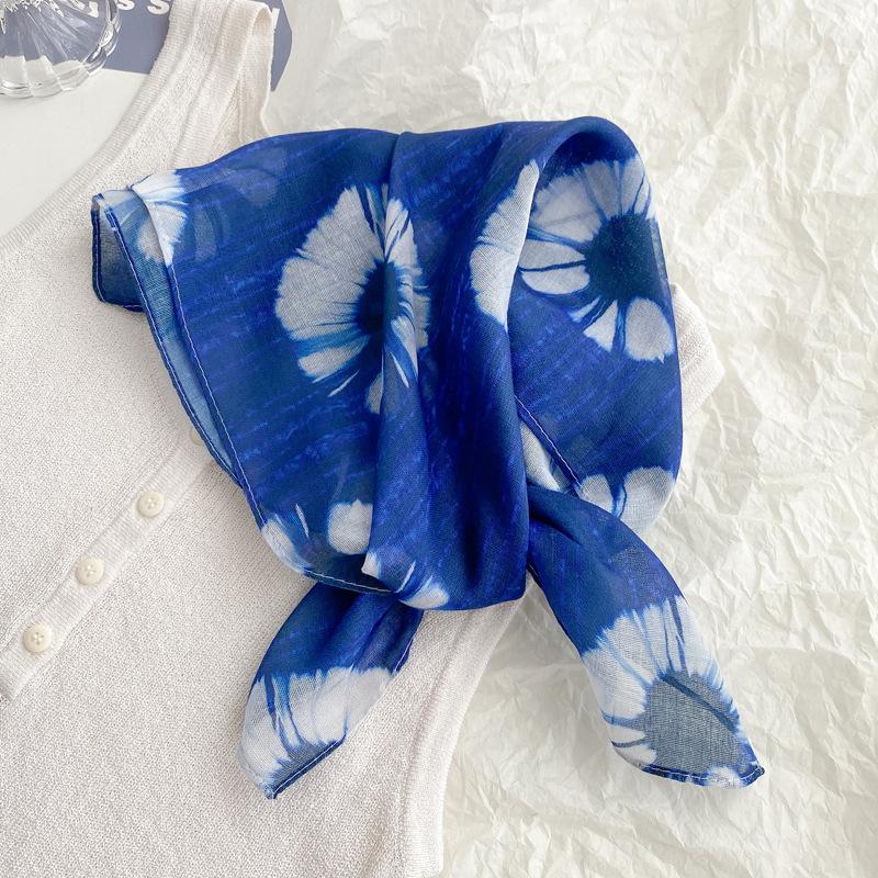 Flax small square scarf silk scarf women's headscarf neck protection scarf imitation blue dye handmade tie-dye scarf Yunnan yarn scarf thin scarf