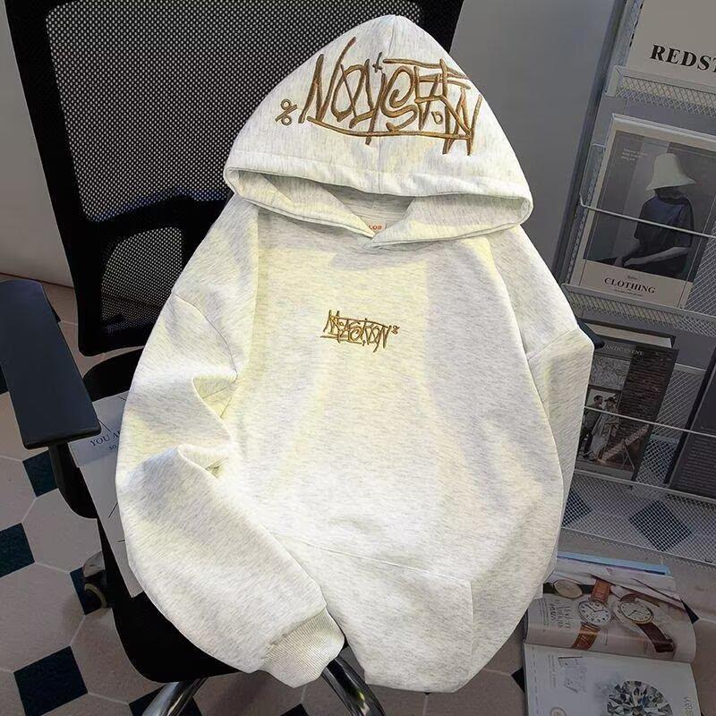 Pánská mikina s kapucí, vyšívaným písmenem a plyšem - Unisex americký styl, těžká na podzim/zimu, ležérní volný střih.