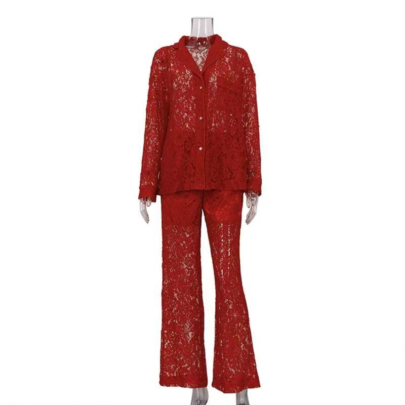 

European and American Lace See-through blouse Trousers Set Lace See through Shirt and Pants Set Red M