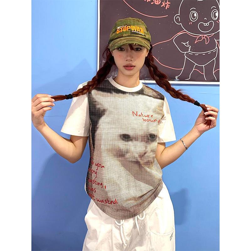 

Women s Summer Spliced Color Block Cartoon Cat Print Crew Neck T-shirt Small