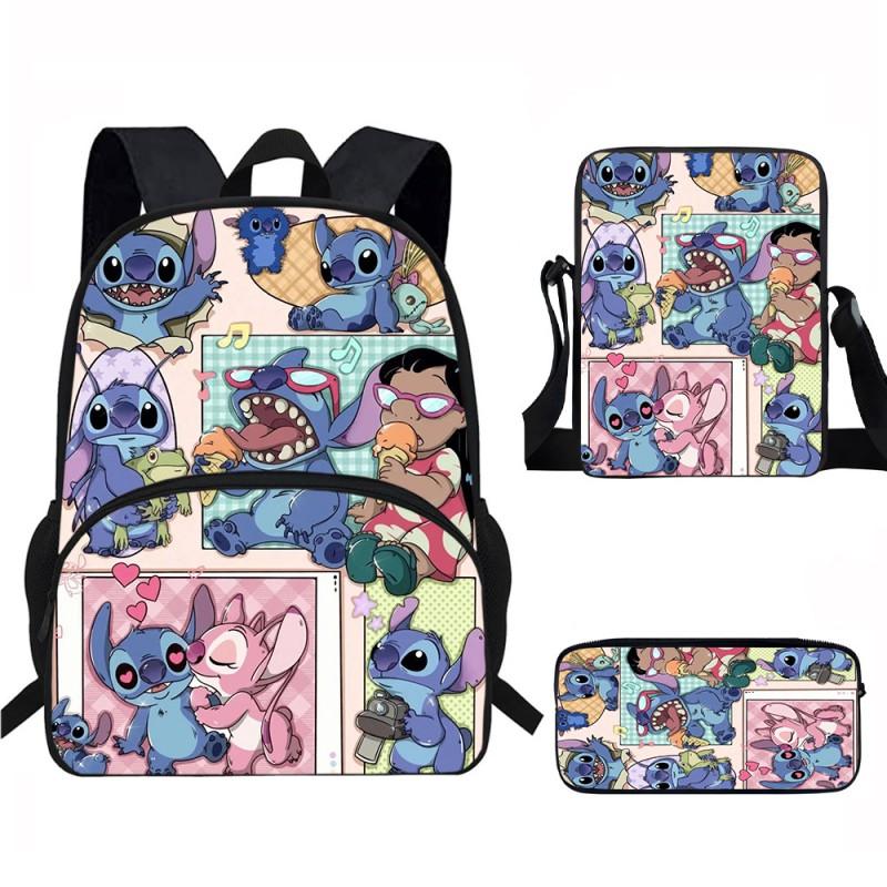 Stitch Kids School Backpack Set Elementary Students Oxford Fabric Ergonomic Design Printed Cartoon 3-Piece Bundle