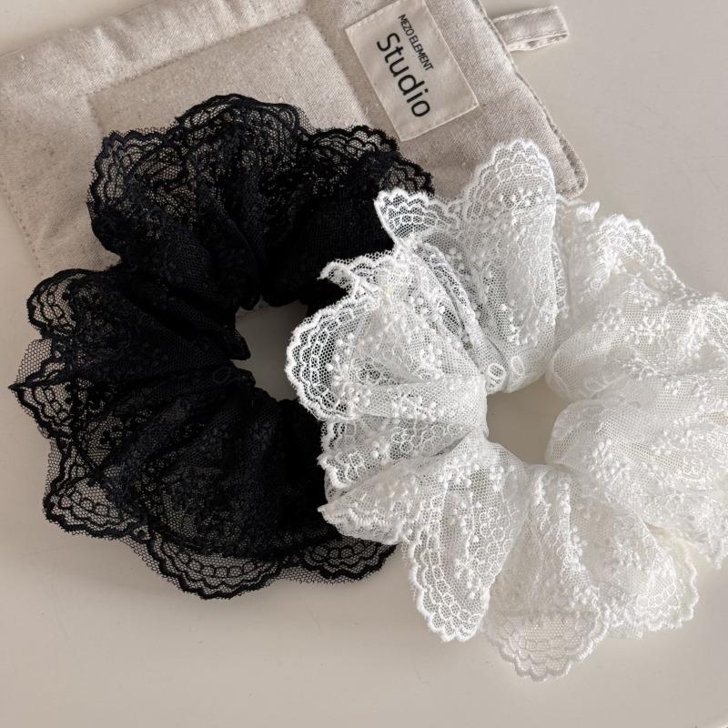 French Black White Lace Embroidery Flower Large Intestine Hair Band Ball Head Hair Rope Head Flower High Quality Hairaccessories