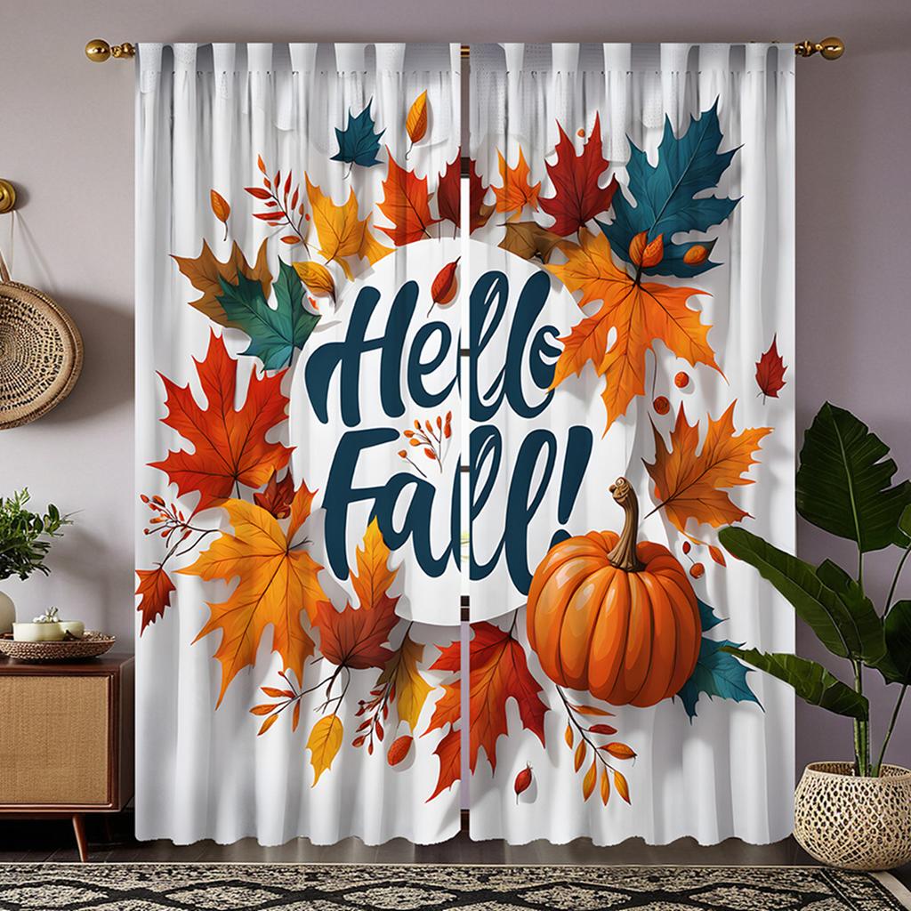 2pcs HD Hello Autumn Pumpkin Maple Leaf Surround Decorative Curtain Yellow Tie Digital Printed Curtain Home Decoration Style