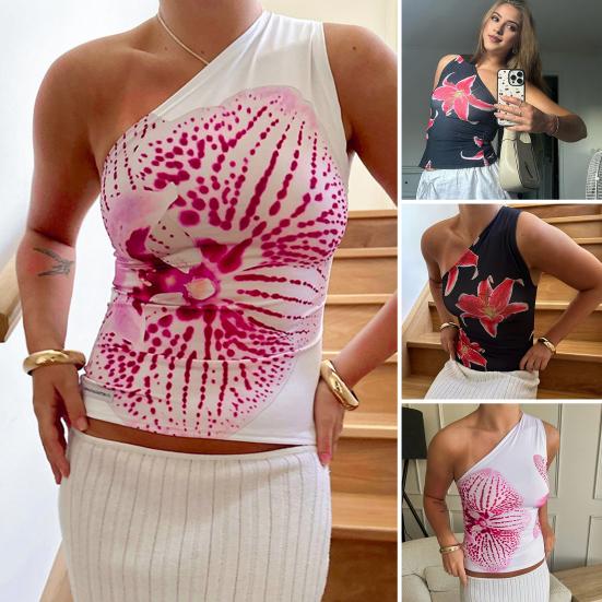 

Женский жилет, топы с наклонным вырезом, без рукавов, с цветочным принтом, с воротником на одно плечо, топы на бретелях, облегающий эластичный сексуальный жилет
