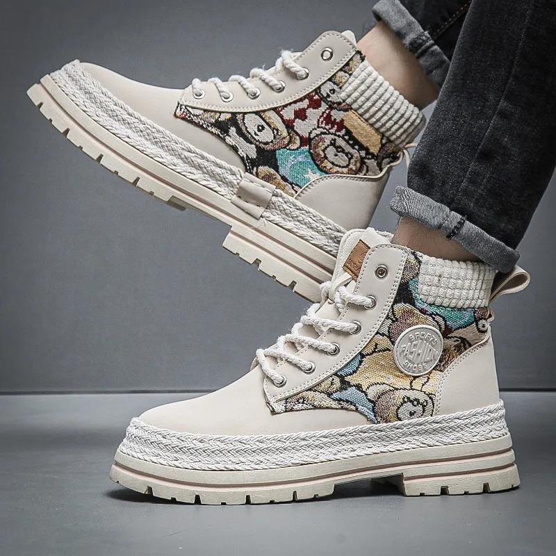 Módní pánské kožené kotníkové boty Značkové tenisky Platforma Pánské kotníkové boty Venkovní motorkářské boty pro muže Velká velikost