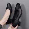Damen-Schuhe aus weichem Leder, klobiger Absatz, Mittelhohe Leder-Schuhe, Vielseitige Square-Toe Einzel-Schuhe, Damen-Arbeitsschuhe mit Blockabsatz