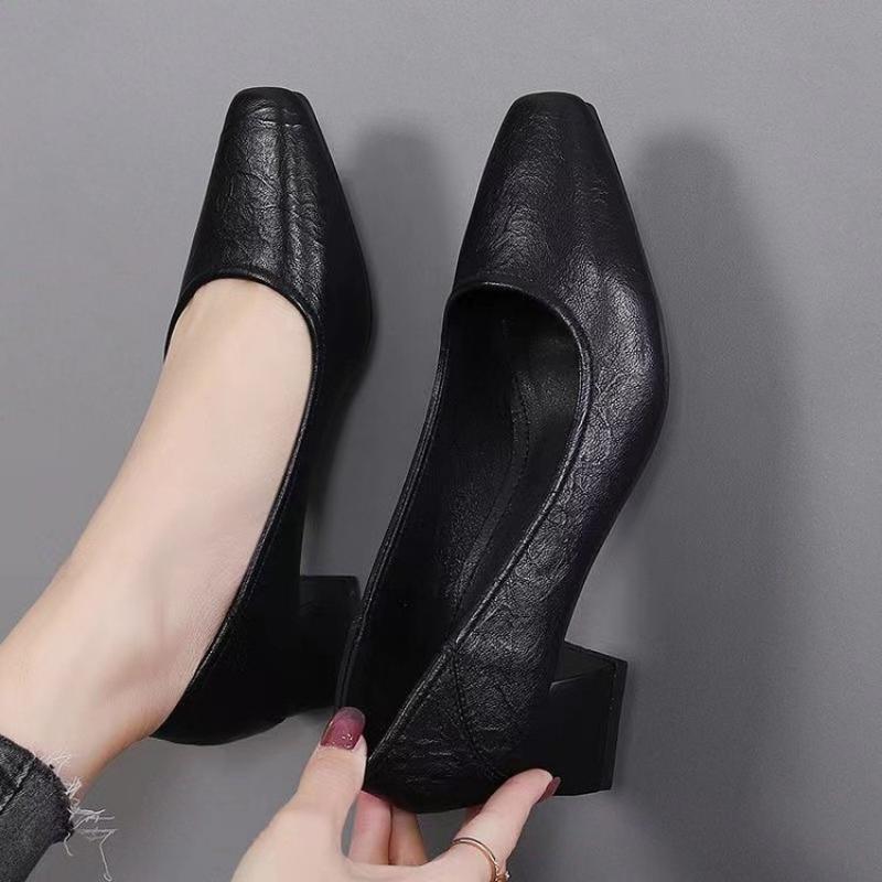 Women s Soft Leather, Chunky Heel, Mid-heel Leather Shoes, Versatile Square Toe Single Shoes, Women s Square Heel Work Shoes 35