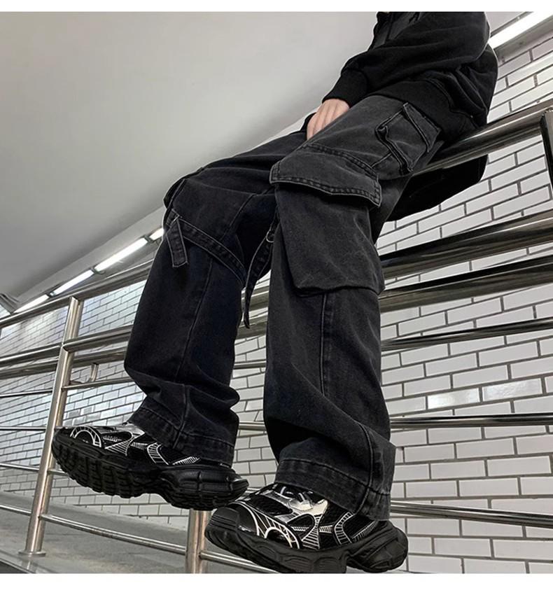 Men's Multi-Pocket Cargo Jeans - Loose Fit, Wide Leg, Spring/Autumn/Winter Casual Trend Pants