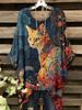 Elegant bohemian vacation style large size simple retro cat pattern print irregular hem crew neck T-shirt