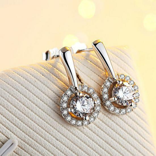 

Korean Fashion Sparkling Diamond Round Stud Earrings - Silver Hollow Design