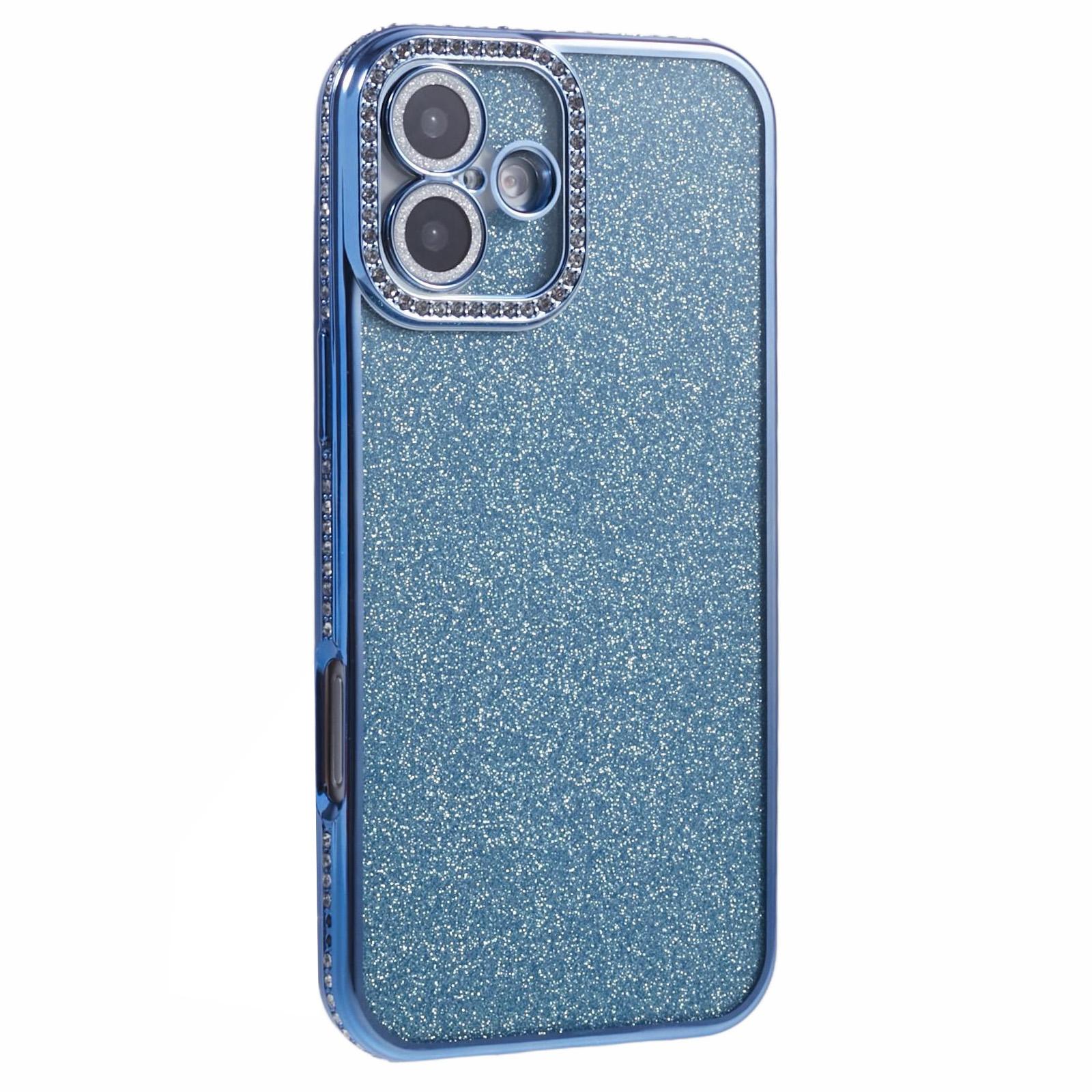 

For iPhone 16 Full Protection Case With Camera Lens Protector Rhinestone Embellished Clear Cover Blue