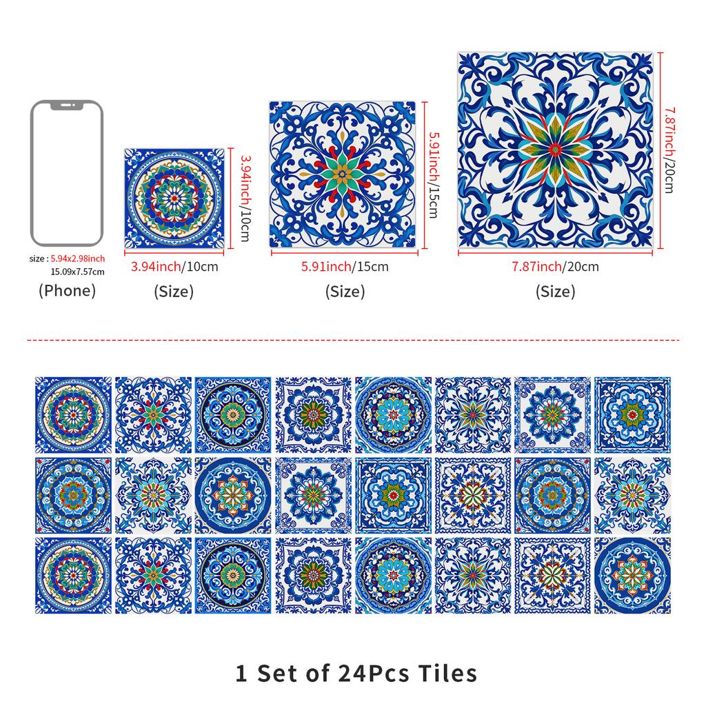 European Crystal Mandala 24 Pieces Self-Adhesive Wall Sticker, Waterproof Kitchen Bedroom Tile Sticker Pvc Wallpaper