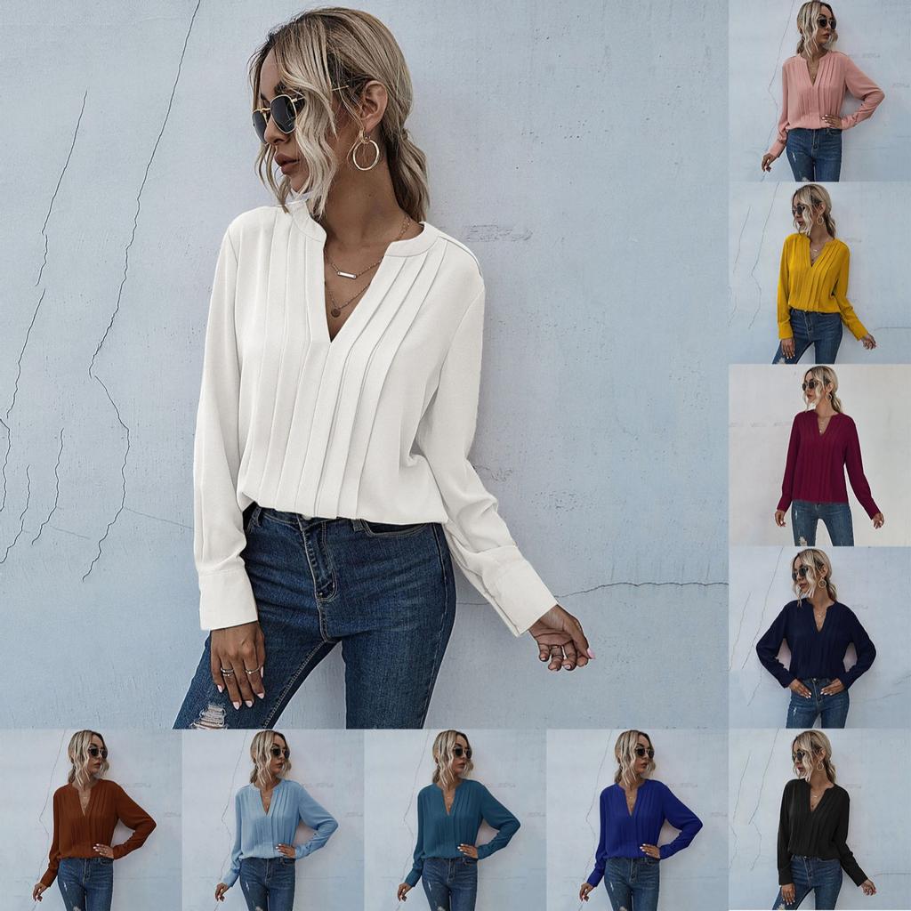Женская шифоновая блузка с v-образным вырезом и длинными рукавами ...