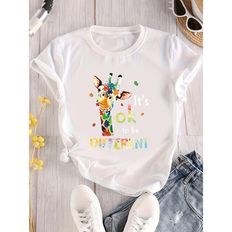 Damen Große Größen Buntes Hirsch & OK DIFFERENT Buchstaben Druck T-Shirt Rundhals Lässiges Oberteil