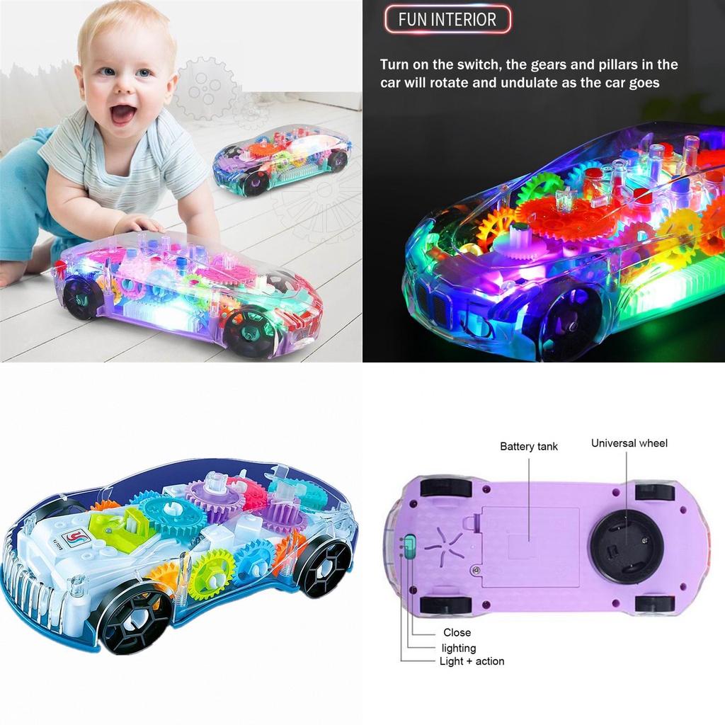 Electric Transparent Gear Led Light Music Car Model For Kids' Educational Toy Gift