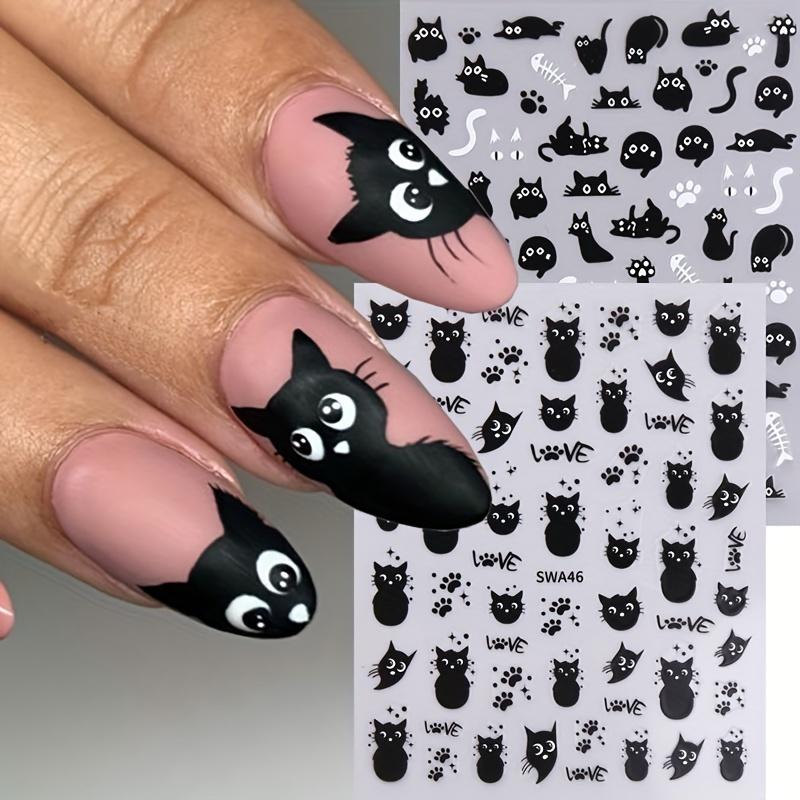 1Pc Black Cat Nail Art Stickers, Halloween Cartoon Animal Self-Adhesive Decals, DIY Nail Salon Art Decorations Animal Print