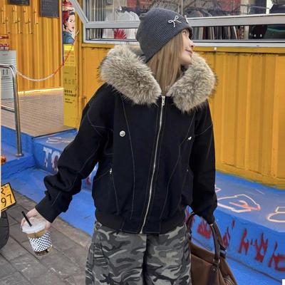Wersja Koreańska Damska Czarna Modna Plus Size Parka z Kapturem Zapinana na Zamek Zimowa Szara Ciepła Luźna Bawełniana Kurtka Gruba Codzienna Trendy