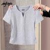MJ STYLE Damen Slim Fit Geripptes V-Ausschnitt T-Shirt