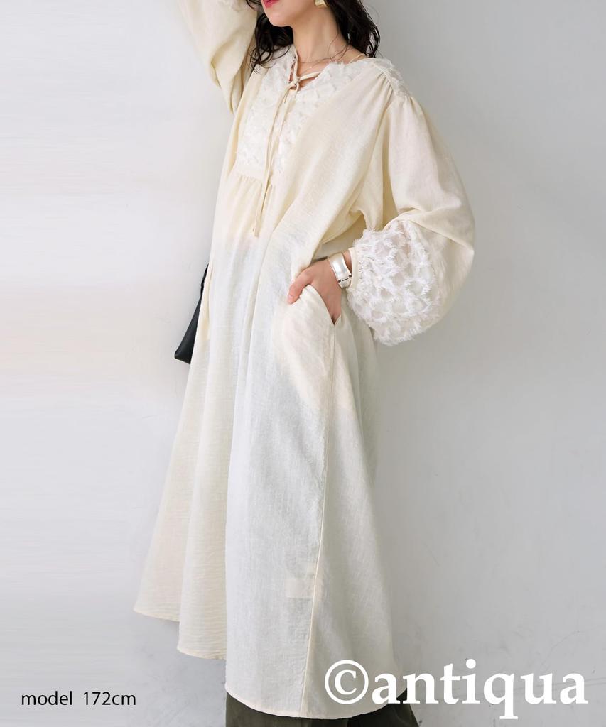 Antiqua Long Sleeve Gathered Dress One Size Natural Women's (PTR-00006), 01,