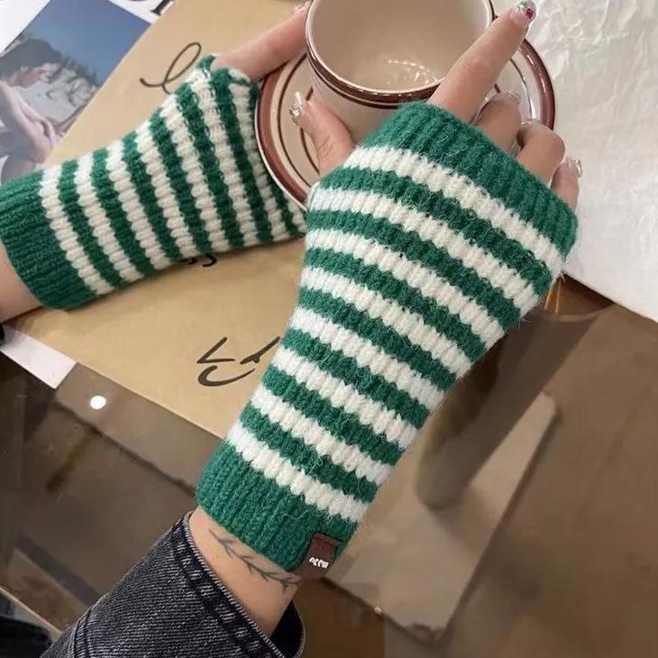 WTEMPO Manchette de poignet tricotée rayée Manchon de bras Gants demi-doigts coupe-vent Couple Coupe-froid Extensible Mitaines chaudes en laine