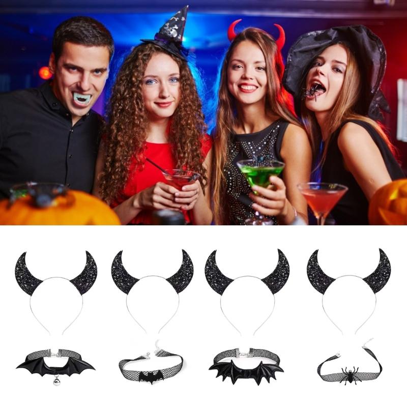 Gothic Dark Glitter Girls Choker Collar Rose Devil Wing Headband Set Gothic Bat Wing Versatile Choker