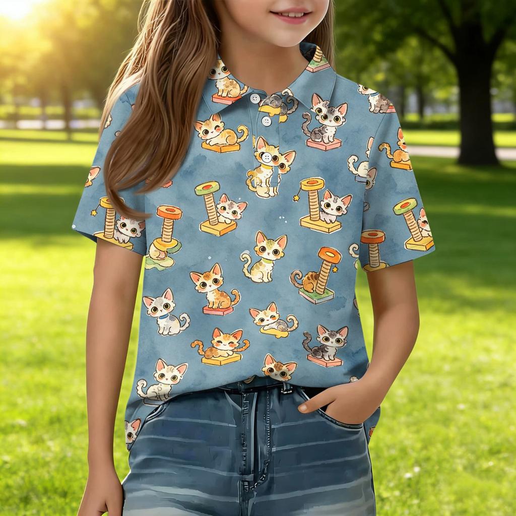 Kids Casual Short Sleeve Polo Shirt Animal Pattern Printed Lightweight Breathable Top for Everyday Wear