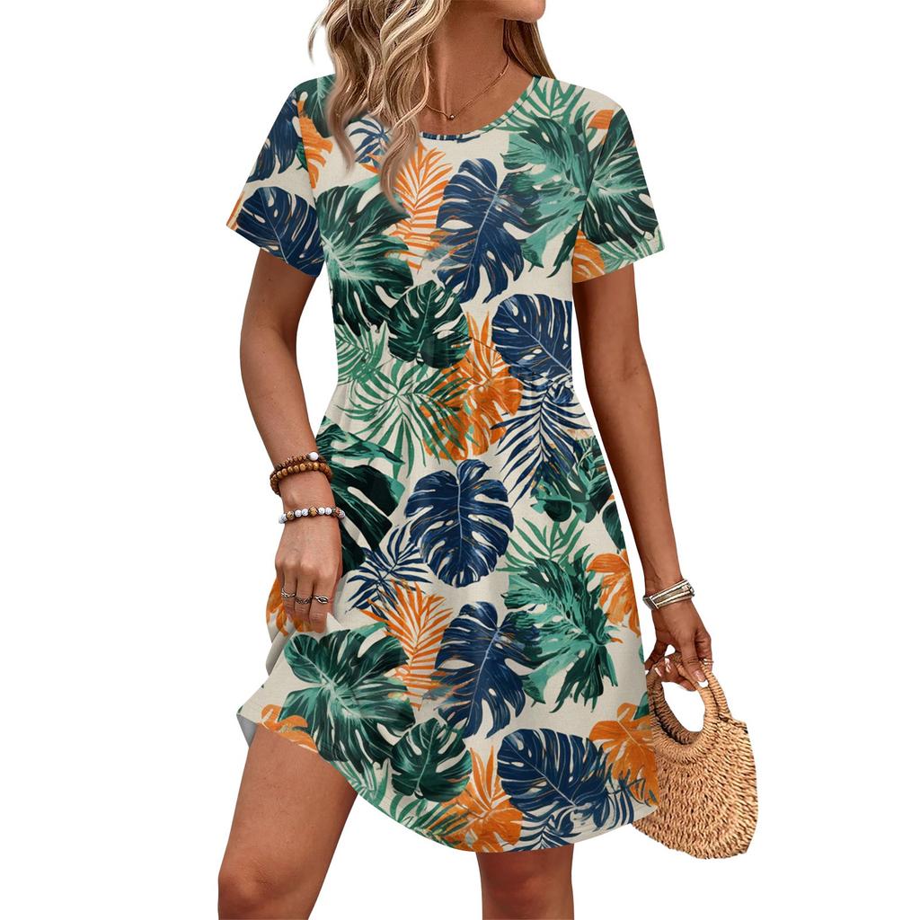 Dresses For Women Short Sleeve Print Round Neck Casual Dresses Waist Dress With Pockets