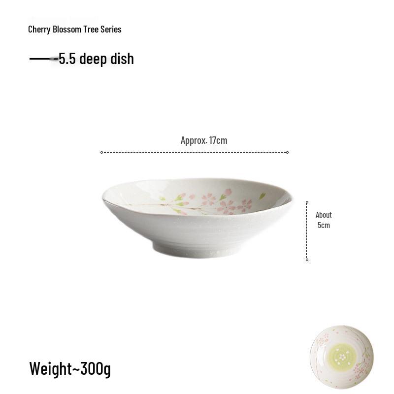 Cherry Blossom Ceramic Bowl & Plate Set: Includes Rice Bowl, Soup Bowl, Large Plate, Dish Plate, and Large Noodle Bowl - Japanese Imported.