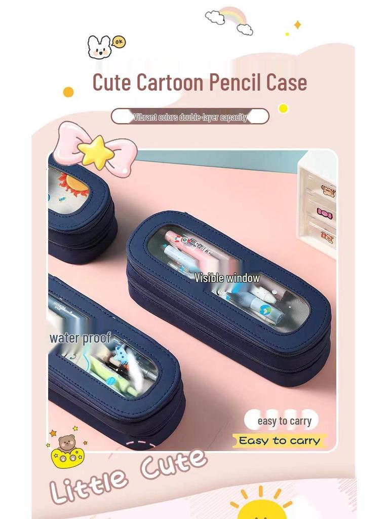 Large Capacity Transparent Cartoon Pencil Case for Girls with Double-Layer Design, Ideal for Elementary School Students