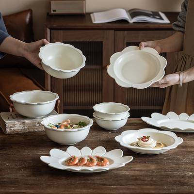 Nordic Style Cream Lace Ceramic Bowl Fruit Bowl Salad Plate Fish Plate Household Rice Bowl Vegetable Bowl Soup Bowl Tableware