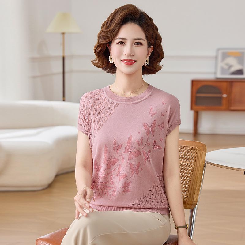 

Stylish Knit Top: Women s Short-Sleeved Summer Shirt, Elegant and Versatile for Mothers and Seniors 3XL (Recommended 135-160 jin)