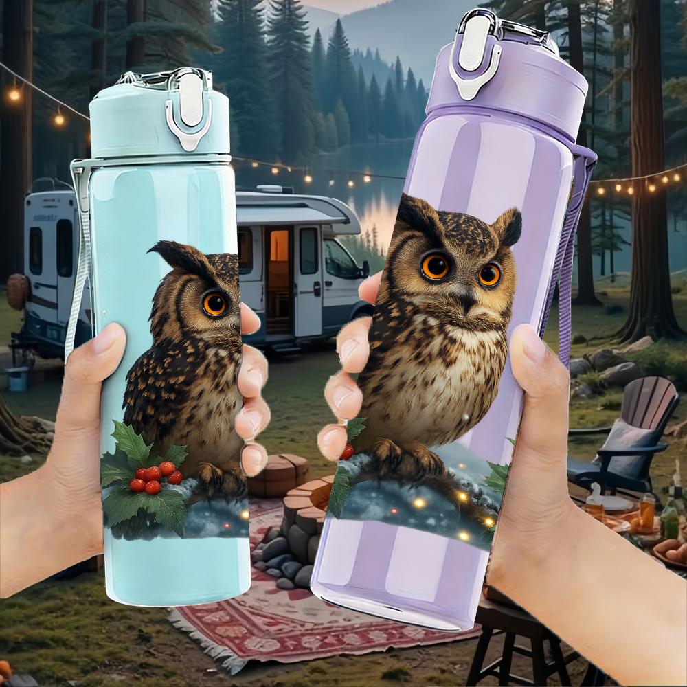 1PC Forest Owl Pine Branch 750ml Color Plastic Sports Water Bottle Leakproof Flip Straw Lid For Sports Office Home Use