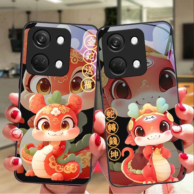 New Cartoon Snake For OnePlus Nord 3 5 6T 7 Pro 8 12 10T Reno8 Lite 5G 10R Nord N30 Hard Shell Tempered Glass Phone Case Black