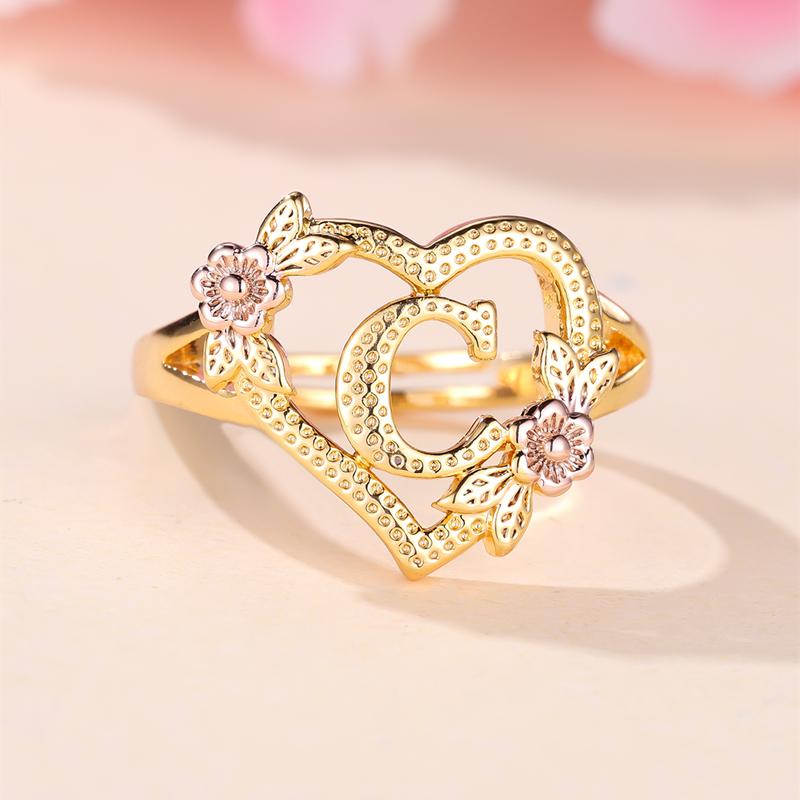 

Кольца с инициалами и цветком в форме сердца, регулируемые нежные кольца с буквами и листьями золотого цвета для женщин и девочек, ювелирные изделия с алфавитом C золотой
