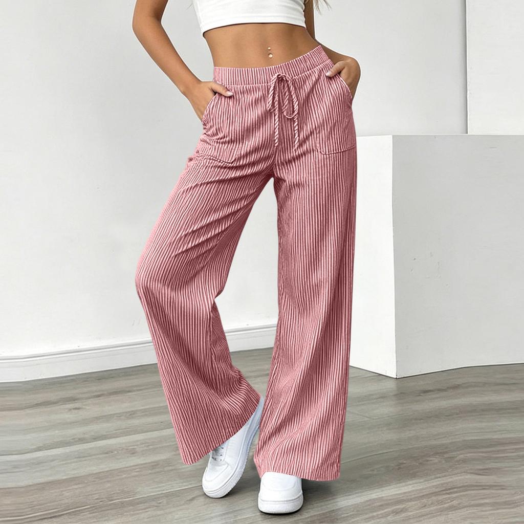 Pantalon Casual Rayé Ample à Taille Serrée Jambes Larges pour Femme avec Poches pour un Port Quotidien Confortable