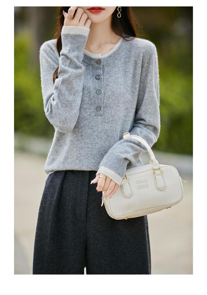 Women's Retro Color Block 100% Wool Round Neck Sweater - Slimming, Versatile, Stylish Knitwear for Autumn/Winter