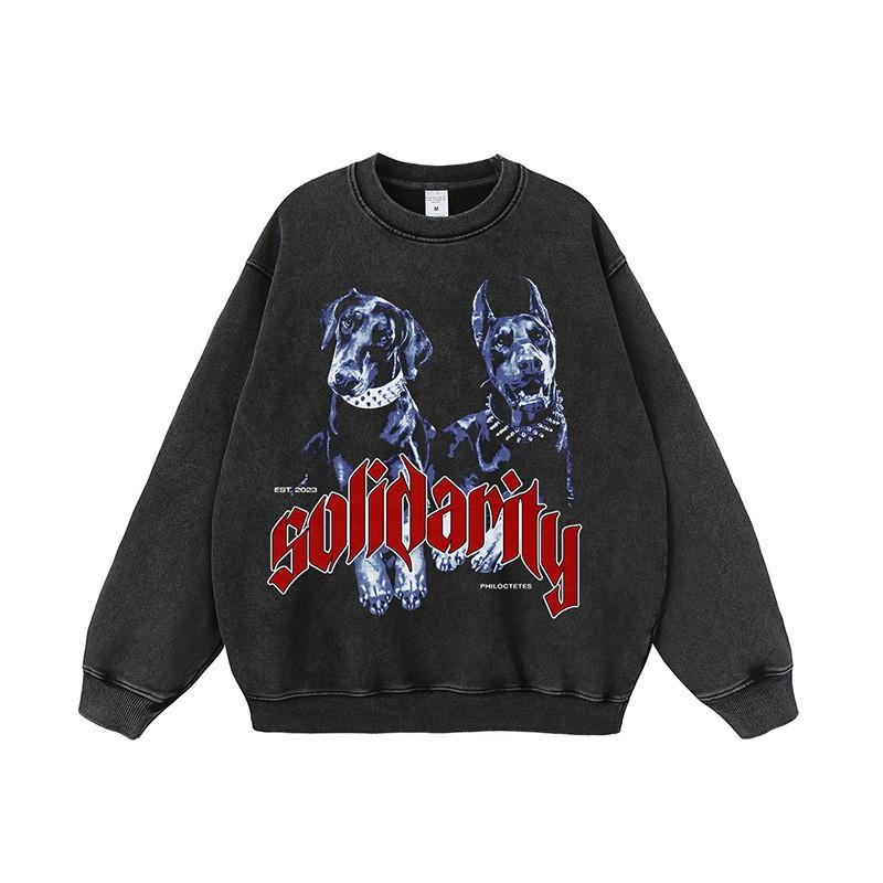 Oversized Vintage Washed Hoodie With Doberman Print Unisex Streetwear Cotton Sweatshirt