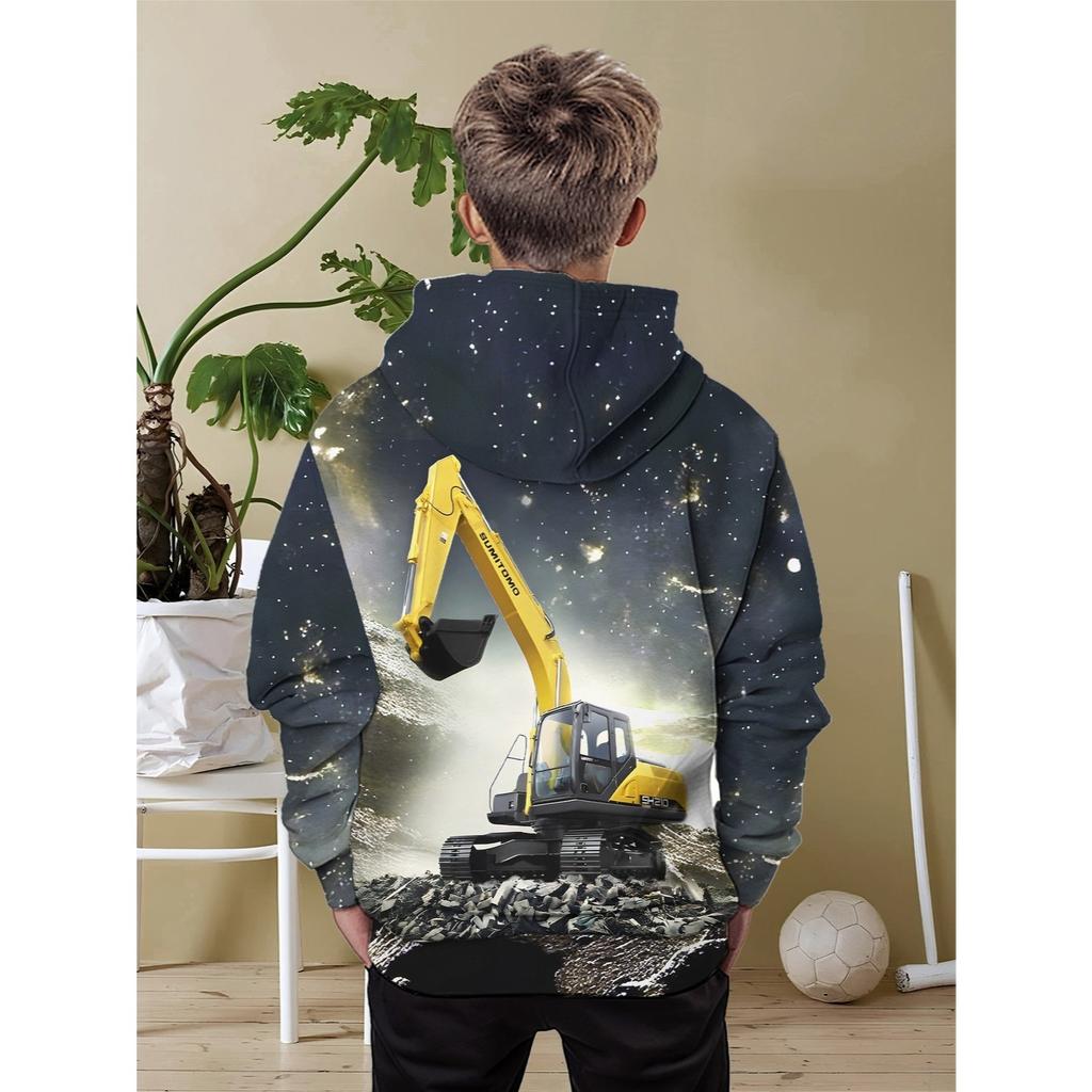 3D Digital Printing Engineering Style Yellow Excavator Pattern Hooded Sweatshirt Fashion Trend Casual Children's Clothing, Perfect Gift