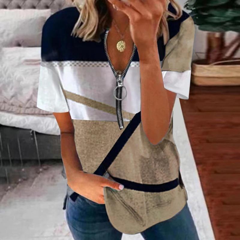 Summer Striped Printed Plus Size T Shirt Women Vintage Short Sleeve Zipper V-neck Casual T-shirt Woman Loose Office Lady Basic Tee Tops 25118