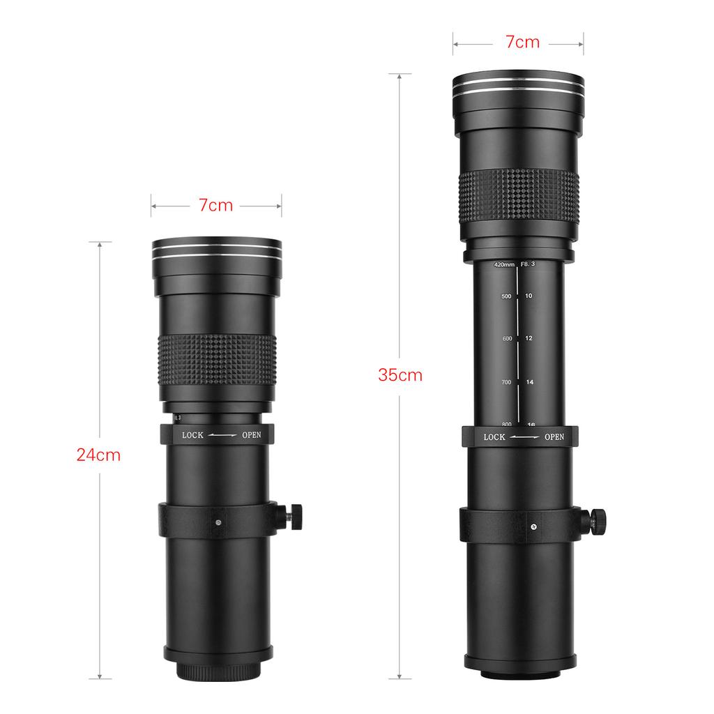 Camera MF Super Telephoto Zoom Lens F/8.3-16 420-800mm T Mount with 1/4 Thread for Canon Nikon Sony Fujifilm Olympus Cameras