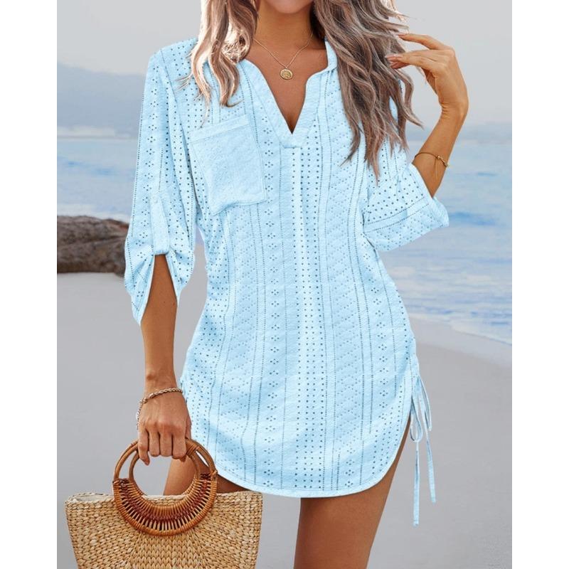 VEZFAA Women's Fashion Summer Spring Solid Color Print Short Sleeve V-Neck Loose Waistline Casual Dresses