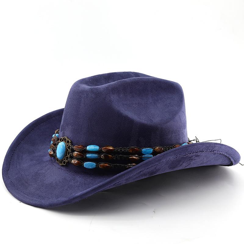 

Suede Horse Riding Western Cowboy Hat For Men And Women Outdoor Travel Hat With Rolled Brim Ethnic Style Top Hat Felt Hat темно-синий