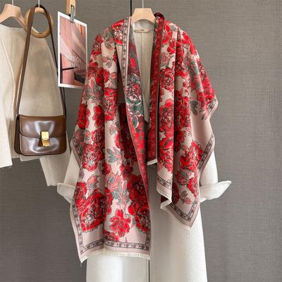 Luxury  Winter Cashmere Pashmina Shawl Lady Wrap Warm Winter Scarves Peony Flower Pattern Jacquard Female Stoles Scarf